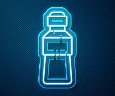 Parlayan neon hattı mavi arka planda izole edilmiş su ikonu. Soda su içme tabelası. Vektör İllüstrasyonu