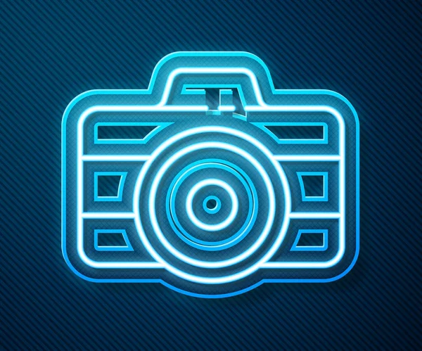 Φωτεινή γραμμή νέον Εικόνα φωτογραφικής μηχανής που απομονώνεται σε μπλε φόντο. Εικονίδιο φωτογραφικής μηχανής. Εικονογράφηση διανύσματος — Διανυσματικό Αρχείο