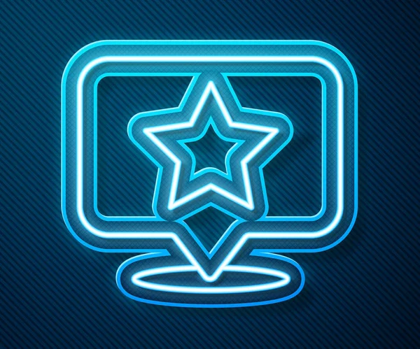 Ligne lumineuse néon Pointeur de carte avec icône étoile isolée sur fond bleu. Star icône de carte pin préférée. Marqueurs de carte. Illustration vectorielle — Image vectorielle