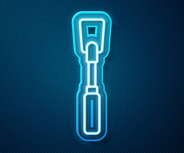 Leuchtende Leuchtschrift Lederpeitsche Symbol isoliert auf blauem Hintergrund. Fetisch-Accessoire. Sexspielzeug für Erwachsene. Vektorillustration — Stockvektor