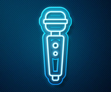 Glowing neon line Dildo vibrator for sex games icon isolated on blue background. Sex toy for adult. Vaginal exercise machines for intimate. Vector Illustration