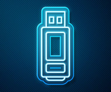 Parlayan neon hattı USB flash disk simgesi mavi arkaplanda izole edildi. Vektör İllüstrasyonu
