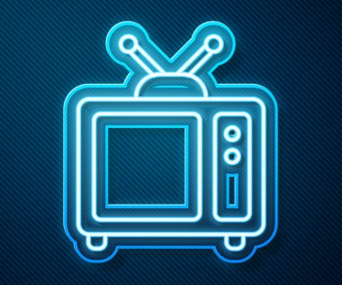 Parlayan neon hattı Retro TV simgesi mavi arkaplanda izole edildi. Televizyon tabelası. Vektör İllüstrasyonu