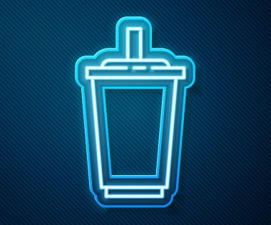Mavi zemin üzerinde saman ve su ikonu olan parlak neon şeritli kağıt bardak. Soda bardağı. Taze soğuk içecek sembolü. Vektör İllüstrasyonu