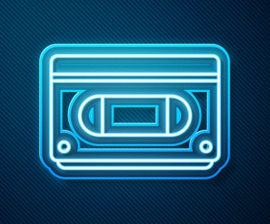 Parlayan neon hattı VHS video kaset ikonu mavi arkaplanda izole edildi. Vektör İllüstrasyonu