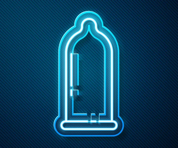 Leuchtende Neon Line Kondom Safe Sex-Symbol isoliert auf blauem Hintergrund. Sicheres Liebessymbol. Verhütungsmethode für Männer. Vektorillustration — Stockvektor