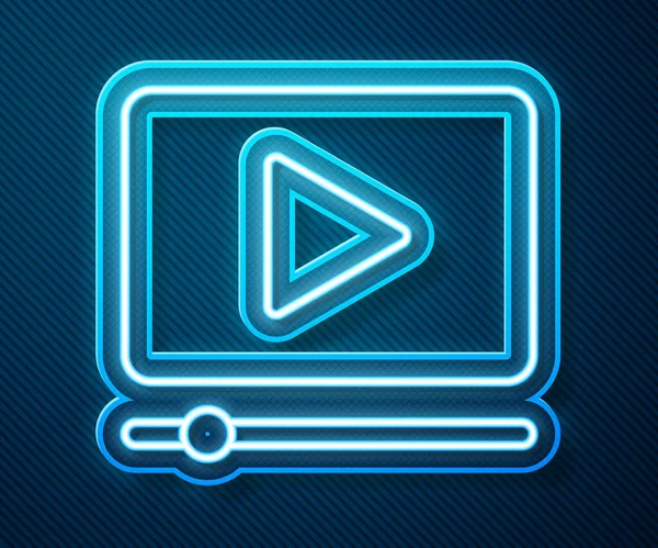 Brillante línea de neón Online reproducir icono de vídeo aislado sobre fondo azul. Película de tira con señal de juego. Ilustración vectorial — Vector de stock