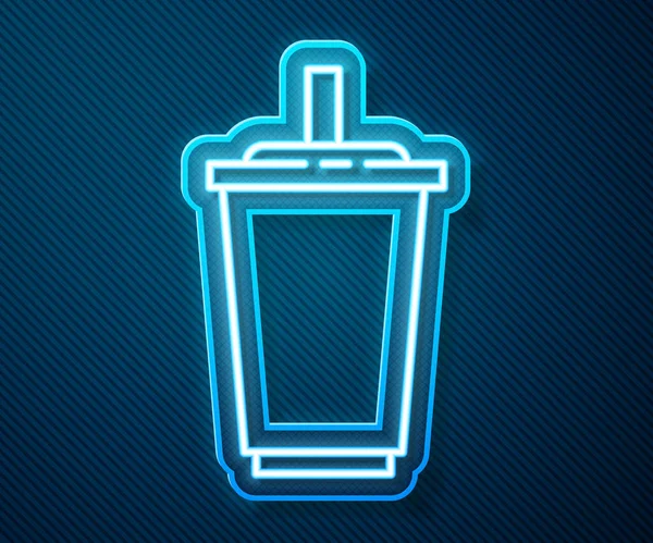 Glödande neon line Pappersglas med dricka halm och vatten ikon isolerad på blå bakgrund. Dricksglas. Färsk kall dryck symbol. Vektor Illustration — Stock vektor