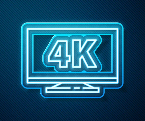 Világító neon vonal Képernyő TV 4k Ultra HD videó technológia ikon elszigetelt kék háttérrel. Vektorillusztráció — Stock Vector