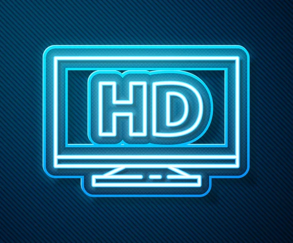 Parlayan neon hattı. Mavi arkaplanda HD video teknolojisi simgesi olan akıllı ekran. Vektör İllüstrasyonu — Stok Vektör