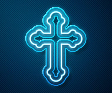 Parlayan neon çizgisi Hıristiyan çapraz simgesi mavi arka planda izole edildi. Kilise haçı. Vektör İllüstrasyonu
