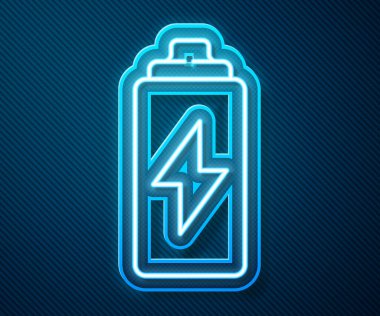 Parlayan neon hattı Battery simgesi mavi arkaplanda izole edildi. Şimşek sembolü. Vektör İllüstrasyonu