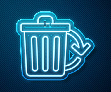 Parlayan neon hattı geri dönüşüm kutusu, mavi arkaplanda izole edilmiş geri dönüşüm sembolü simgesi. Çöp kutusu simgesi. Çöp kutusu tabelası. Geri dönüşüm sepeti işareti. Vektör İllüstrasyonu