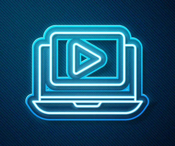 Ligne de néon lumineux Icône vidéo de lecture en ligne isolé sur fond bleu. Ordinateur portable et bande de film avec panneau de lecture. Illustration vectorielle — Image vectorielle