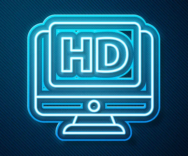 Lumineux néon Ordinateur PC moniteur écran avec icône de la technologie vidéo HD isolé sur fond bleu. Illustration vectorielle — Image vectorielle