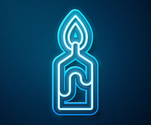 Leuchtende Neon-Linie Das Symbol der brennenden Kerze isoliert auf blauem Hintergrund. Zylindrischer Kerzenstock mit brennender Flamme. Vektorillustration — Stockvektor