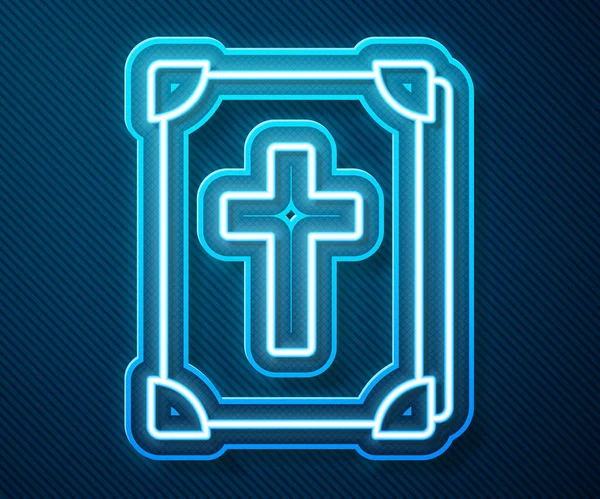 Glowing neon line Holy bible book icon isolated on blue background. Vector Illustration — Stock Vector