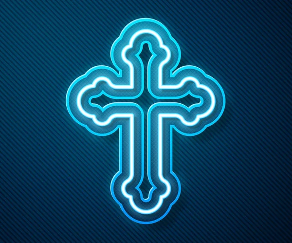 Linea al neon luminosa icona croce cristiana isolata su sfondo blu. Croce della Chiesa. Illustrazione vettoriale — Vettoriale Stock