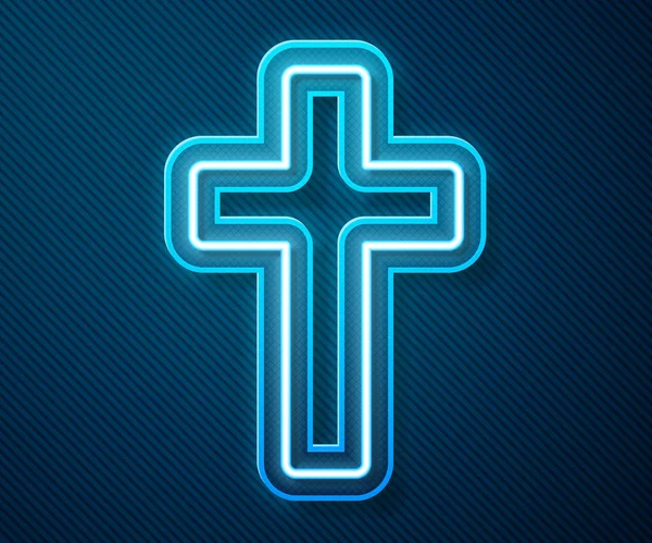 Icono de cruz cristiana de línea de neón brillante aislado sobre fondo azul. Cruz de iglesia. Ilustración vectorial — Vector de stock