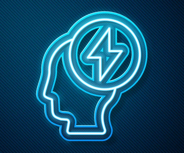 Línea de neón brillante Icono de cabeza humana y símbolo eléctrico aislado sobre fondo azul. Ilustración vectorial — Vector de stock