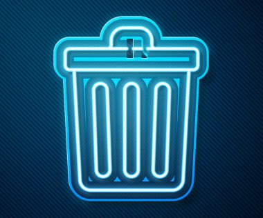 Parlayan neon hattı Çöp kutusu simgesi mavi arkaplanda izole edildi. Çöp kutusu tabelası. Sepet simgesini geri dönüştür. Ofis çöpü ikonu. Vektör İllüstrasyonu