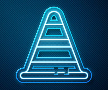 Parlayan neon hattı trafik konisi simgesi mavi arkaplanda izole edildi. Vektör İllüstrasyonu