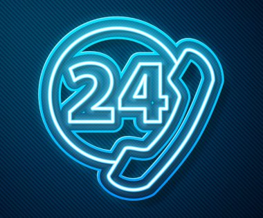 Parlayan neon hattı Telefon 24 saat destek ikonu mavi arkaplanda izole edildi. Tüm gün müşteri destek merkezi. Tam zamanlı çağrı servisi. Vektör İllüstrasyonu