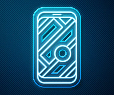 Şehrin harita yön bulma simgesinin parlayan neon hattı Infographic mavi arkaplanda izole edildi. Mobil Uygulama Arayüzü tasarımı. Coğrafi konsept. Vektör İllüstrasyonu