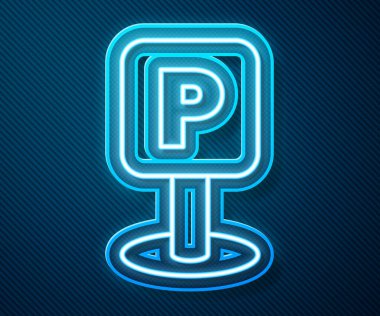 Parlayan neon çizgisi park simgesi mavi arkaplanda izole edildi. Sokak tabelası. Vektör İllüstrasyonu