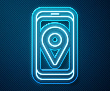 Şehrin harita yön bulma simgesinin parlayan neon hattı Infographic mavi arkaplanda izole edildi. Mobil Uygulama Arayüzü tasarımı. Coğrafi konsept. Vektör İllüstrasyonu