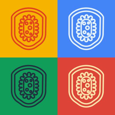 Pop Art Line Shield 'ı virüsten, mikroplardan ve bakteri simgesinden koruyor. Renkli arka planda izole edilmiş. Bağışıklık sistemi konsepti. Corona virüsü 2019-nCoV. Vektör İllüstrasyonu