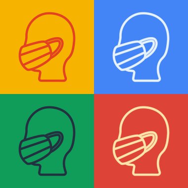 Arkaplanda izole edilmiş tıbbi koruyucu maske ikonu içindeki pop sanat çizgisi adamı yüzü. Karantinaya alın. Vektör İllüstrasyonu