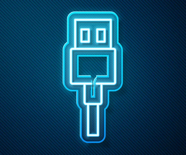 Glowing Neon Line Usb Cable Cord Icon Isolated Blue Background — Stock Vector