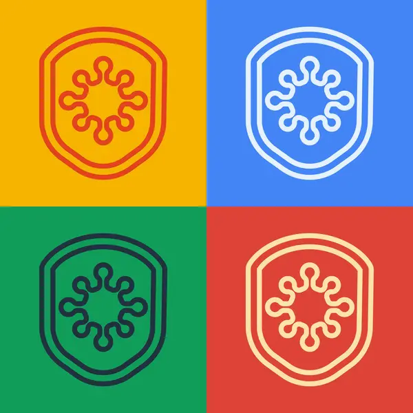 Pop Art Line Shield 'ı virüsten, mikroplardan ve bakteri simgesinden koruyor. Renkli arka planda izole edilmiş. Bağışıklık sistemi konsepti. Corona virüsü 2019-nCoV. Vektör İllüstrasyonu