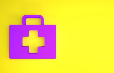 Mor ilk yardım çantası ikonu sarı arkaplanda izole edilmiş. Haçlı sağlık kutusu. Acil durumlar için tıbbi ekipman. Sağlık sigortası konsepti. Minimalizm kavramı. 3d illüstrasyon 3B canlandırma