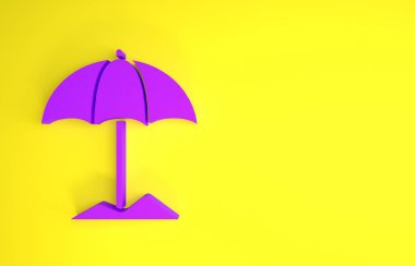 Sarı arka planda izole edilmiş plaj ikonu için mor güneş koruyucu şemsiye. Açık alan için büyük bir şemsiye. Plaj şemsiyesi Minimalizm kavramı. 3d illüstrasyon 3B canlandırma