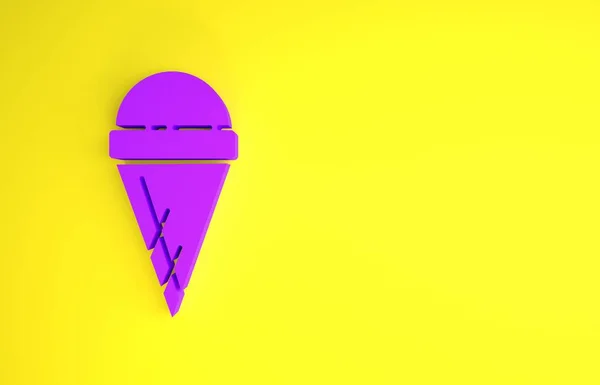 Crème glacée violette dans une icône de cône de gaufre isolée sur fond jaune. Doux symbole. Concept de minimalisme. Illustration 3D rendu 3D — Photo