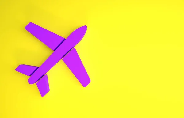 Icono plano púrpura aislado sobre fondo amarillo. Icono del avión volador. Firma del avión. Concepto minimalista. 3D ilustración 3D render — Foto de Stock