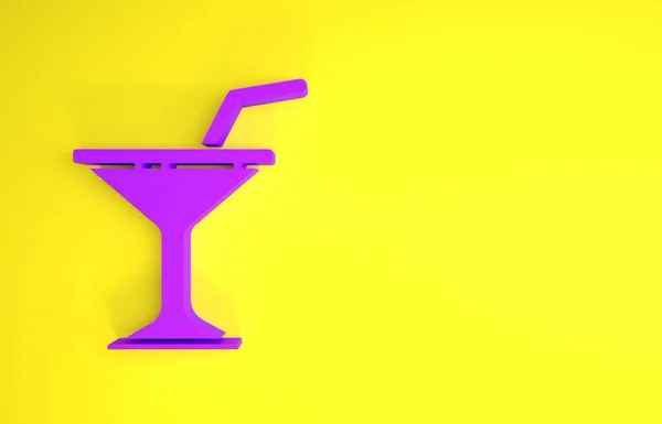 Ícone de vidro Martini roxo isolado no fundo amarelo. Ícone de cocktail. Ícone de vidro de vinho. Conceito de minimalismo. 3D ilustração 3D render — Fotografia de Stock