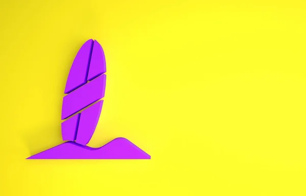 Icono de tabla de surf púrpura aislado sobre fondo amarillo. Tabla de surf. Deporte extremo. Equipamiento deportivo. Concepto minimalista. 3D ilustración 3D render — Foto de Stock