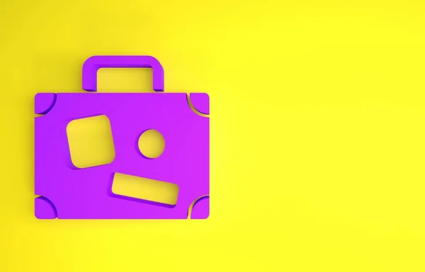 Purple Suitcase voor reisicoon geïsoleerd op gele achtergrond. Reisbagagebord. Reisbagage icoon. Minimalisme concept. 3d illustratie 3D renderen — Stockfoto