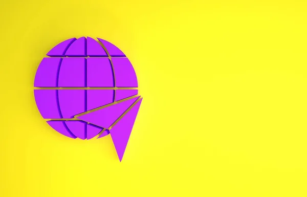 Purple Globe met vliegend vliegtuig pictogram geïsoleerd op gele achtergrond. Vliegtuig vliegt rond de planeet aarde. Vliegtuig wereld icoon. Minimalisme concept. 3d illustratie 3D renderen — Stockfoto