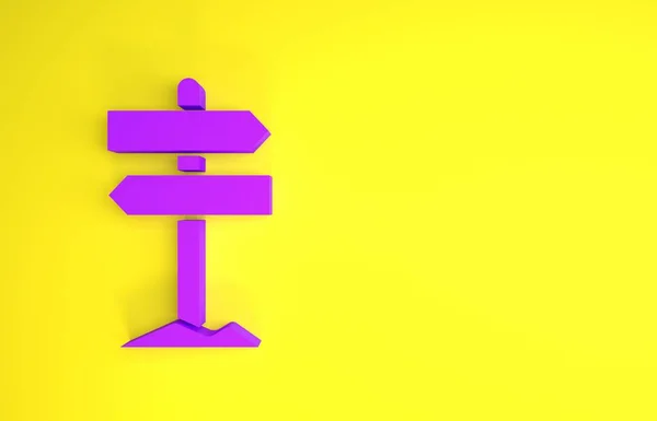 Roxo sinal de trânsito. Ícone de Signpost isolado no fundo amarelo. Símbolo do ponteiro. Informação de rua. Sinal de direcção. Conceito de minimalismo. 3D ilustração 3D render — Fotografia de Stock