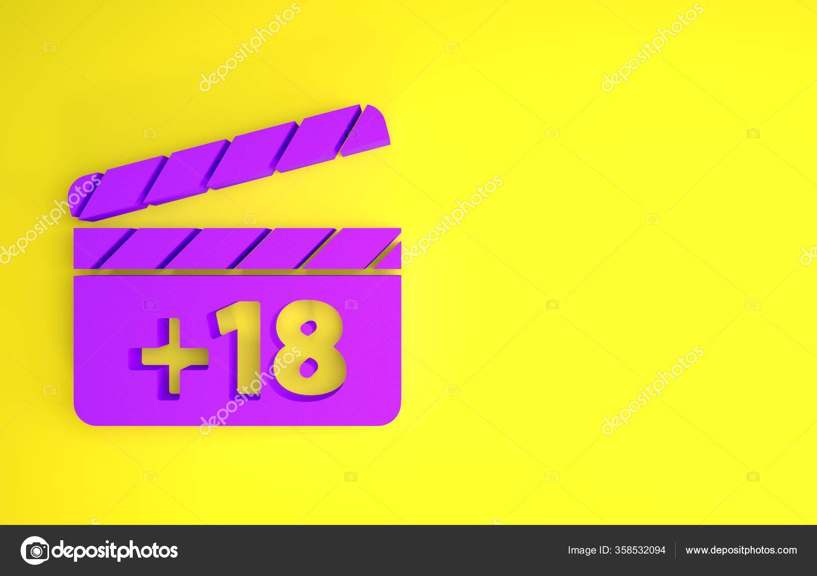Purple Movie clapper with 18 plus content icon isolated on yellow