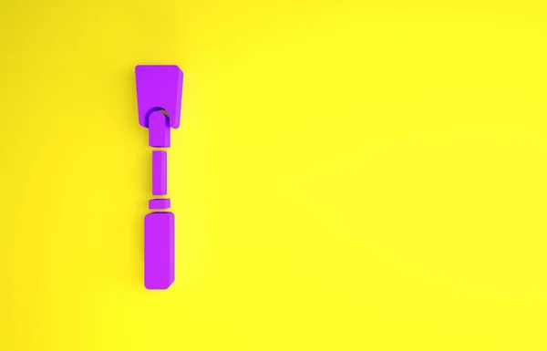 Фиолетовый значок кожаного хлыста выделен на желтом фоне. Фетиш-аксессуар. Секс-игрушка для взрослых. Концепция минимализма. 3D-рендеринг — стоковое фото