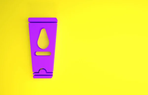 Purple Icono de lubricante personal aislado sobre fondo amarillo. Gel lubricante. Crema para juegos eróticos de sexo. Tubo con caja de embalaje. Concepto minimalista. 3D ilustración 3D render — Foto de Stock