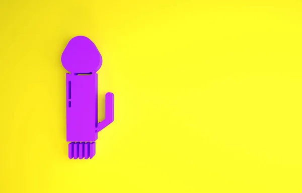 Vibrador Purple Dildo para juegos sexuales icono aislado sobre fondo amarillo. Juguete sexual para adultos. Máquinas de ejercicio vaginal para la intimidad. Concepto minimalista. 3D ilustración 3D render —  Fotos de Stock