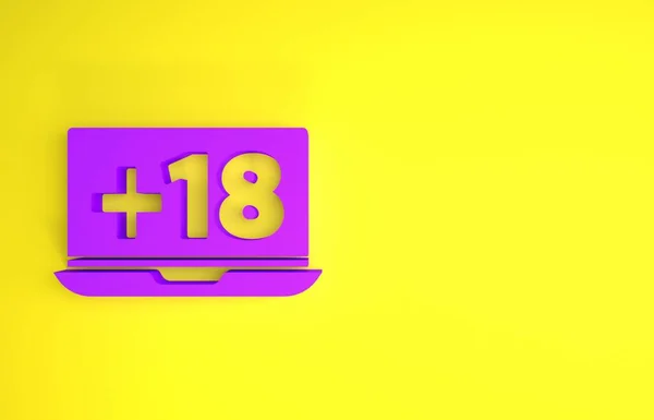 Laptop roxo com 18 plus ícone de conteúdo isolado no fundo amarelo. Símbolo de restrição de idade. Canal adulto. Conceito de minimalismo. 3D ilustração 3D render — Fotografia de Stock