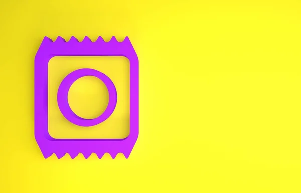 노란색 배경에 고립 된 안전 한 섹스 아이콘으로 포장 된 보라색 콘돔. 안 전한 사랑의 상징. 남성을 위한 관찰력 방법. 미니멀리즘의 개념입니다. 3d 삽화 3D 렌더링 — 스톡 사진