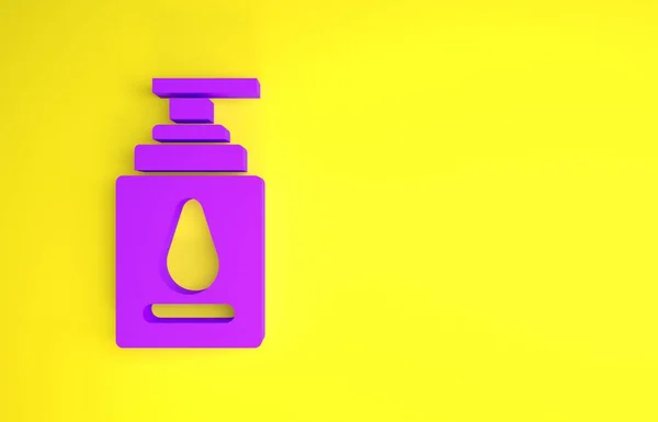 Ícone de lubrificante pessoal roxo isolado no fundo amarelo. Gel lubrificante. Creme para jogos eróticos de sexo. Tubo com caixa de pacote. Conceito de minimalismo. 3D ilustração 3D render — Fotografia de Stock